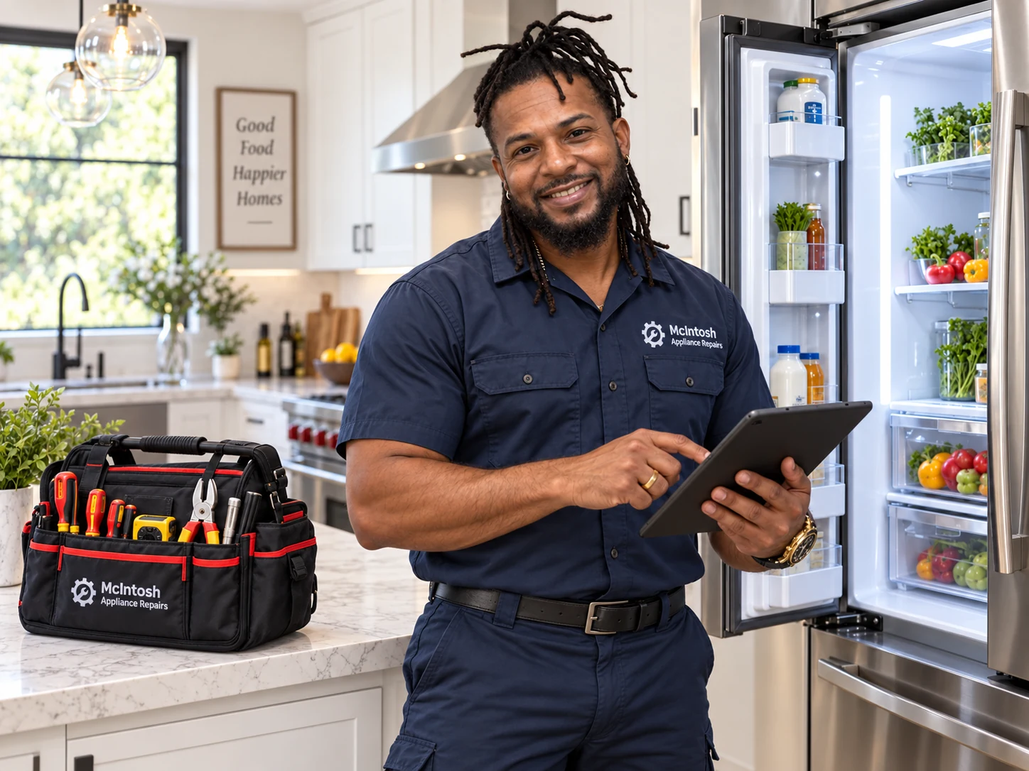 McIntosh appliance repair technician beside a refrigerator